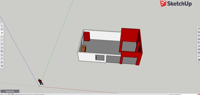 3D-modell av ett halvfärdigt dubbelgarage med en vit sektion och röd sektion i olika höjder, designat i SketchUp.