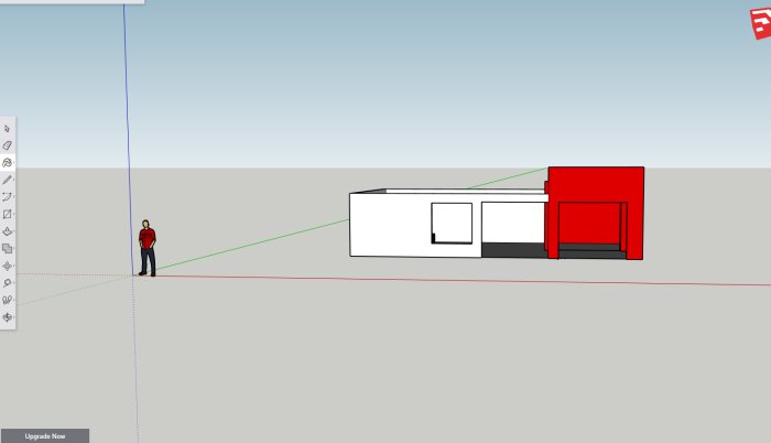 3D-ritning av ett pågående garagebygge med vit och röd sektion samt en figur för skala.