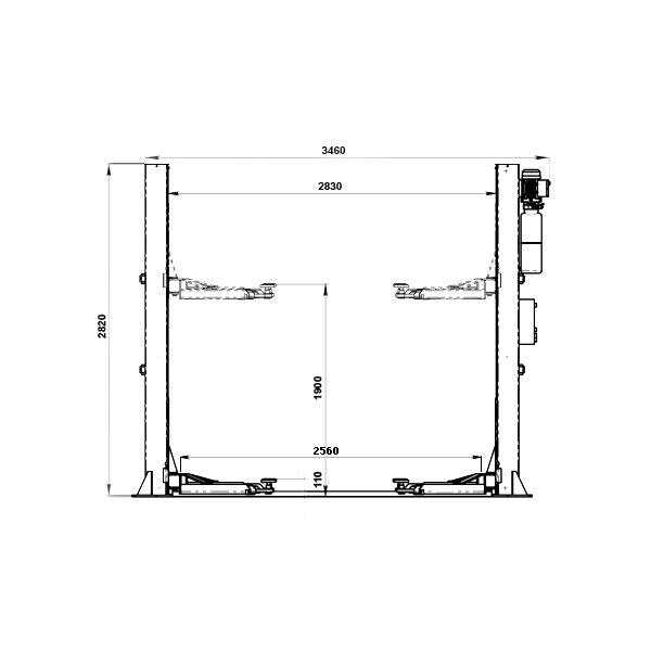 Ritning av ett garage med måttangivelser, visar layout för bilar och planerad pelarlyft.