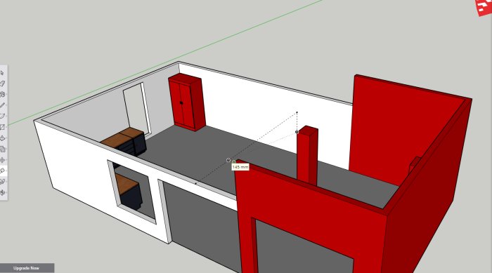 3D-modell av ett garage med vit och röd avdelning, två fordonspelare och måttangivelser.