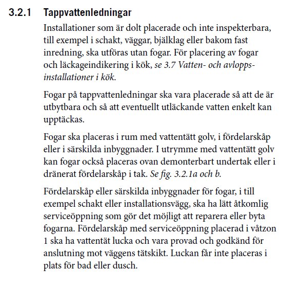 En textutdrag om regler för installation av tappvattenledningar enligt säkervatten-föreskrifterna.