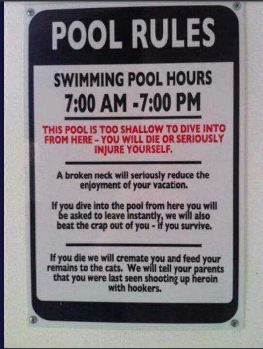 Skylt med humoristiska "Pool Rules" som varnar för att dyka i en grund pool med överdrivna konsekvenser.