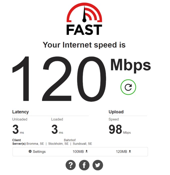 Skärmdump av internethastighetstest som visar 120 Mbps nedladdning och 98 Mbps uppladdning.