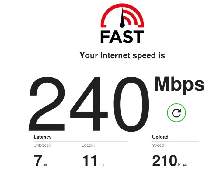 Skärmdump av internethastighetstest med resultatet 240 Mbps nedladdning, 210 Mbps uppladdning och latens på 7 ms oladdat, 11 ms laddat.