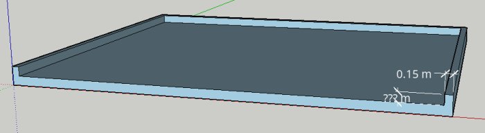 3D-modell av grundplatta med markerade mått för höjd och bredd, som illustrerar koncept för gjutning av en upphöjd syll.