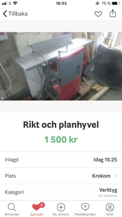 Hobbymaskin för rikt och planhyvling annonserad för 1500 kr, visad i arbetsmiljö.