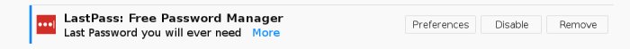 Skärmdump visar LastPass lösenordshanterarens tilläggsalternativ med möjligheter att välja Preferenser, Inaktivera eller Ta bort.