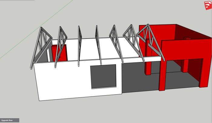 3D-modell av halvfärdigt hus med öppen takstomme och röda stödpelare.