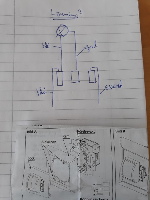 Handritat kopplingsschema för rörelsevakt ovanpå en manualsidas illustration av installation.