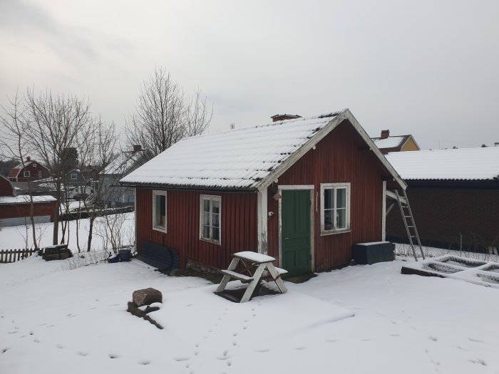 Ett rött trähus med snötäckt tak och omgivning, fotspår i snön och stege lutad mot huset.