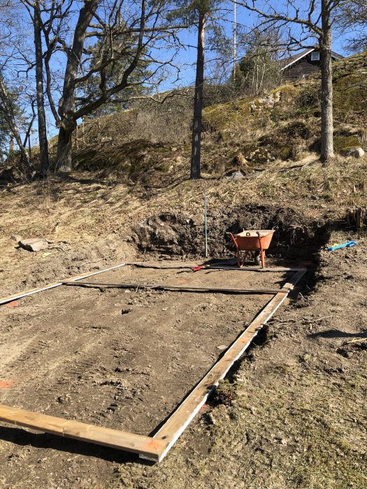 En sluttande tomt med lerjord förberedd för att bygga ett attefallshus, med träramar markerade för betongpelargrunder.