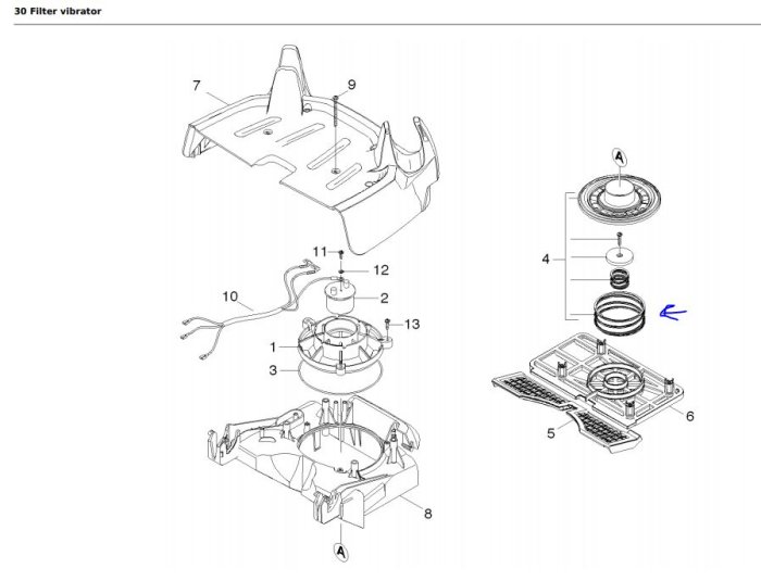 Exploded view diagram of a filter vibrator mechanism for a vacuum cleaner, highlighting its components.