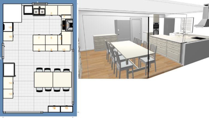 Två visuella förslag på kökslayout med översikt i plan och 3D-modell, ingen hörnskafferi men inkluderar högskåp.