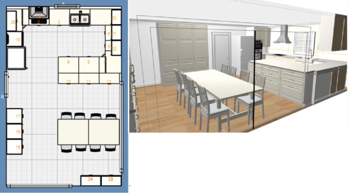 3D-ritning och planlösning av köksdesign med matplats, högskåp och köksö utan hörnskafferi.