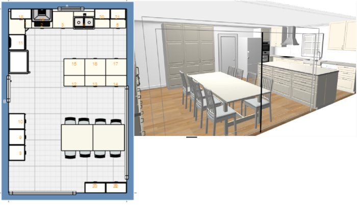 Ritning och 3D-visualisering av ett parallellkök med matbord och inbyggda skåp.