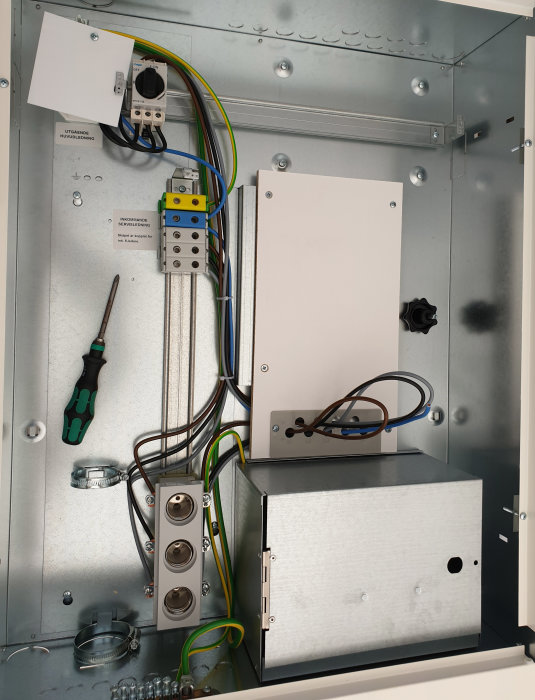Elektriskt skåp med öppen framdörr, kabeldragning, säkringskomponenter och skruvmejsel.