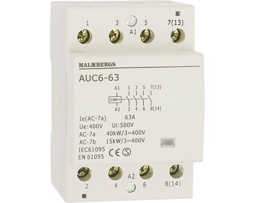 Kontaktor märkt 'MALMBERGS AUC6-63' med tekniska specifikationer för anslutning och spänning.