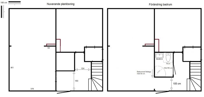 Planritningar över ett badrum före och efter renovering med måttangivelser och föreslagen väggflytt.