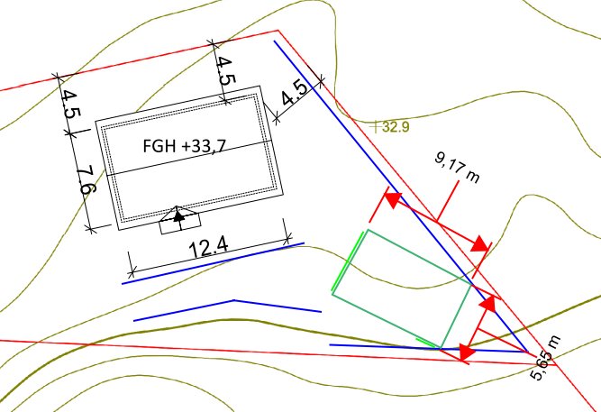 Tomtplaneringskarta med mätningar och potentiell placering av ett garage i förhållande till en fastighet.
