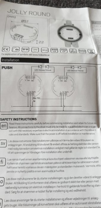 Installationsmanual för Jolly Round spotlight med tekniska ritningar och säkerhetsinstruktioner på svenska och engelska.