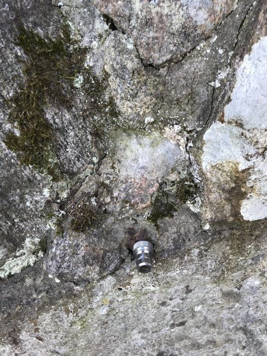 Objekt monterat i stenmur med mossa, okänt användningsområde.