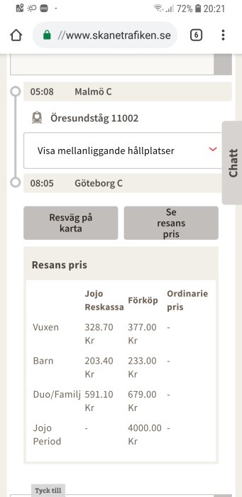 Skärmdump från Skånetrafikens hemsida som visar priset för tågresan Malmö till Göteborg.