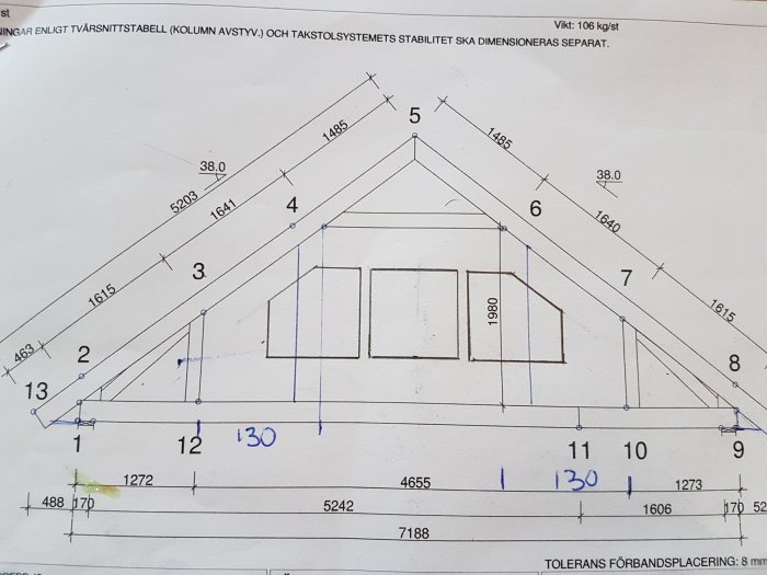 Ritning av en takkonstruktion med måttangivelser, takstolar på cc60 och 220mm tjocklek, anpassad för max snölast.