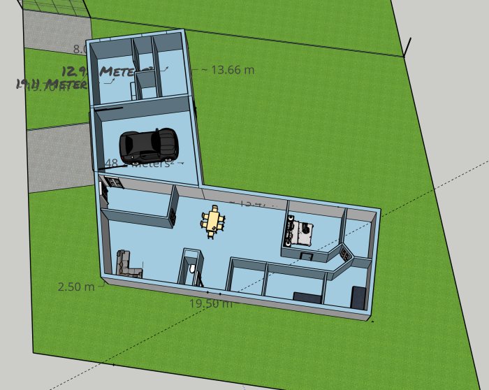 3D-ritning av enplanshus i vinklad design med angivna mått placerat på en tomt.