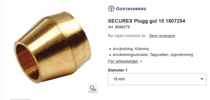 Securex propp i mässing för tappvatten och uppvärmning, 15 mm diameter.