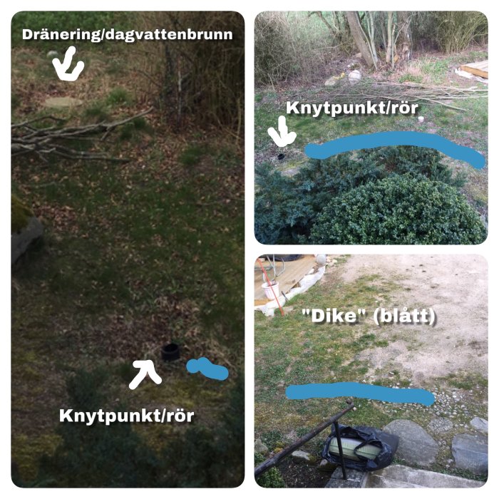 Kollage av trädgård med dräneringsbrunn, svart rör som knutpunkt, och ett blött dike.