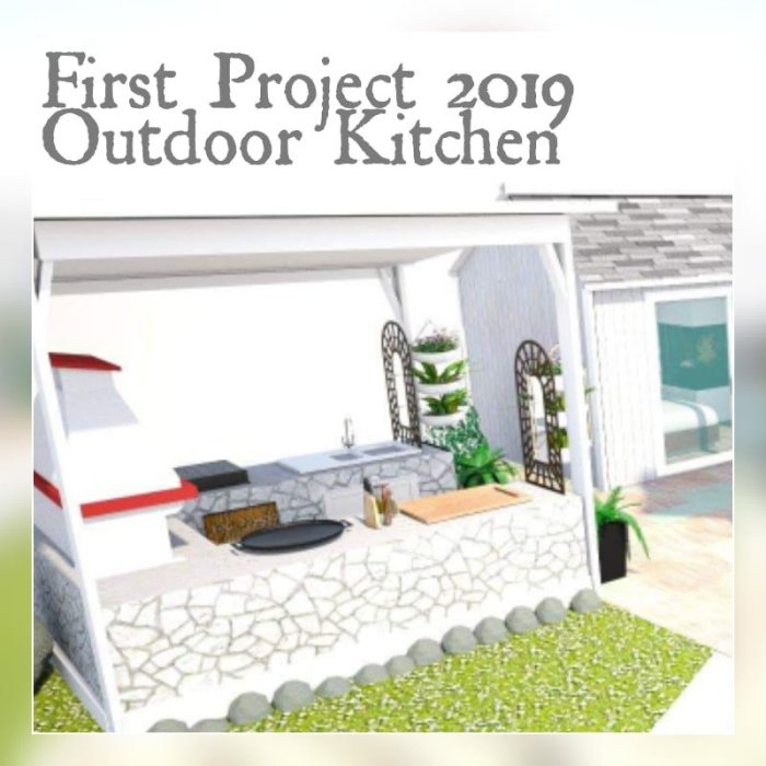 3D-rendering av ett vitt utekök med tak, inbyggd grill och arbetsytor, samt texten "First Project 2019 Outdoor Kitchen".