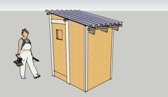 3D-modell av ett redskapsskjul i Sketchup med behandlad OSB och en figur som håller i verktyg.