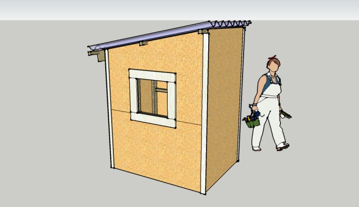 3D-modell av ett redskapsskjul i Sketchup med en figur som håller en verktygslåda.