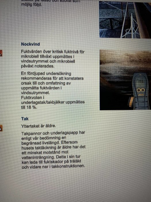 Bild av ett protokoll som visar fuktmätare med hög avläsning och en text om kritisk fuktnivå i nockvind.