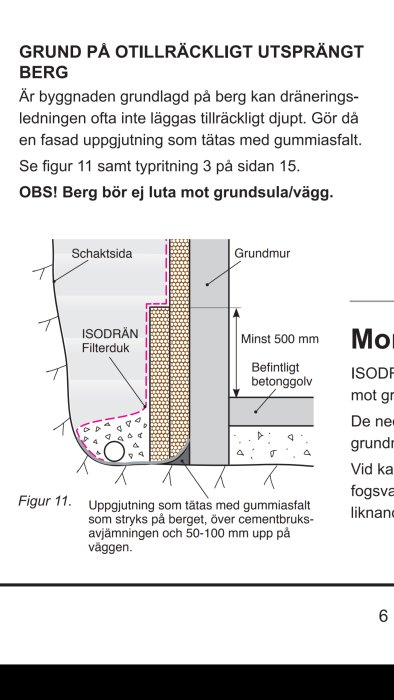 Diagram som visar grundering och isolering av byggnad på berg med ISODRÄN-systemet och tätningsinstruktioner.