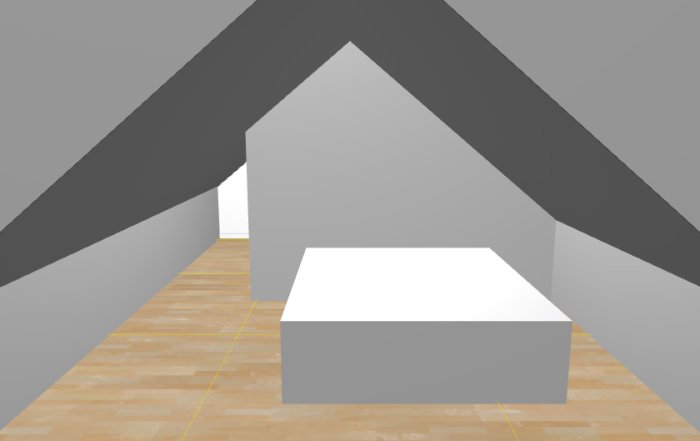 3D-rendering av ett loftutrymme med synliga takbjälkar och enkel plattform utan räcke.