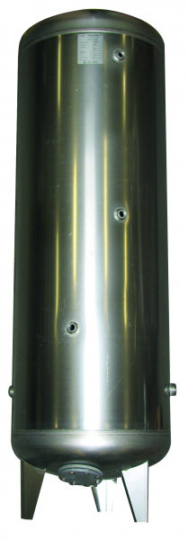 Rostfri hydrofor tank på 300 liter, troligen en Focus 300, med stödben och anslutningar.