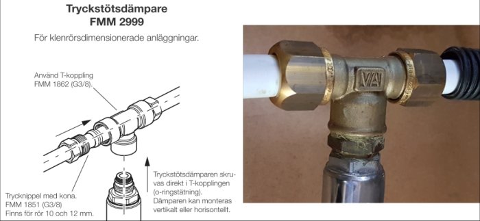 Montageinstruktion för tryckstötdämpare och fotografi av felaktig installation med standardkoppling och extra nippel utan o-ringstätning.