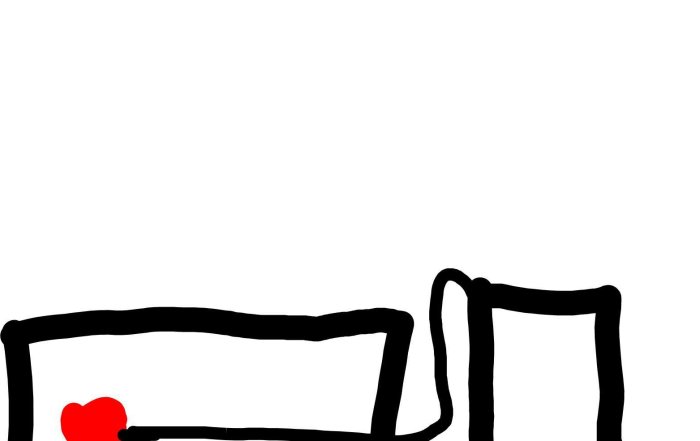 Enkel ritning av ett badkar med en röd prick som markerar golvbrunnens läge och en tömningsslang.