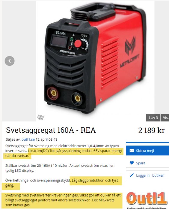 Svetsaggregat 160A med röd och svart design, kontrollpanel och anslutningspoler.