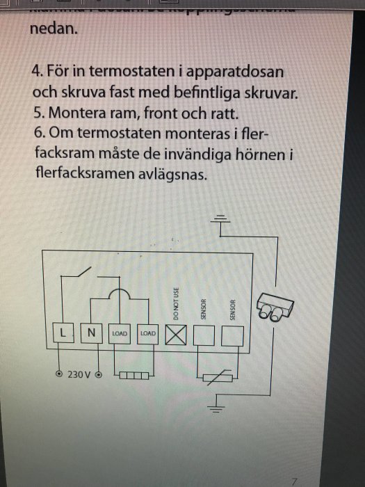 Installationsinstruktioner och schema för golvvärmetermostat med beteckningar för anslutningar såsom L, N, LOAD och en markering för 230V.