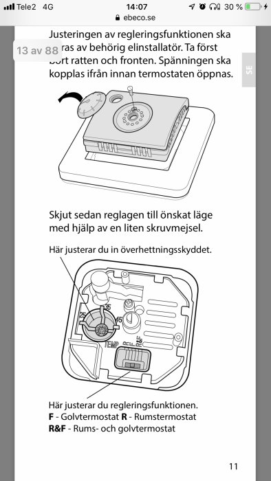 Illustration av interna komponenter och inställningar för en golvvärmetermostat.