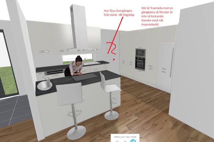 Datorgenererad bild av ett modernt kök med vita skåp och inredningsfrågor markerade.