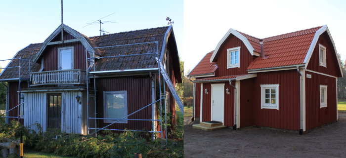 Renoverat rött hus före och efter: till vänster förfallet med presenningar, till höger renoverat med nytt tak.