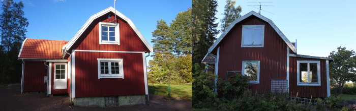 Renoverat rött hus före och efter. Vänster sida renoverad, höger ej.