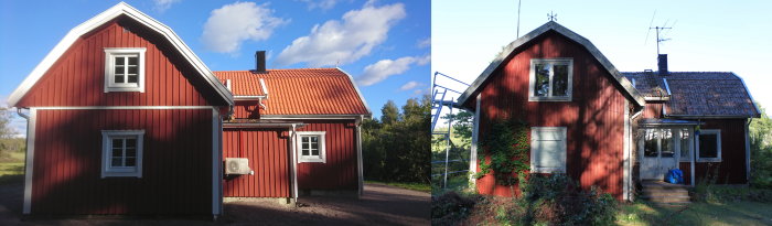 Före-och-efter-bilder av ett renoverat rött hus med nytt och gammalt tak samt fasad.