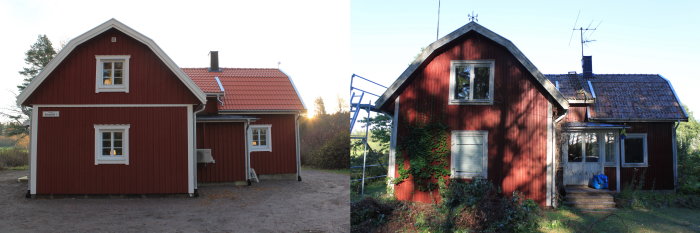 Renovering före och efter: Nytt rött hus till vänster, slitet rött hus med vegetation till höger.