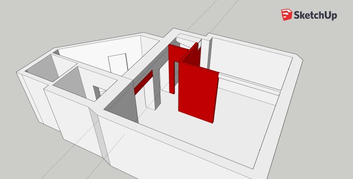 3D-modell av en planlösning för ett hem med ett markerat köksområde i SketchUp.