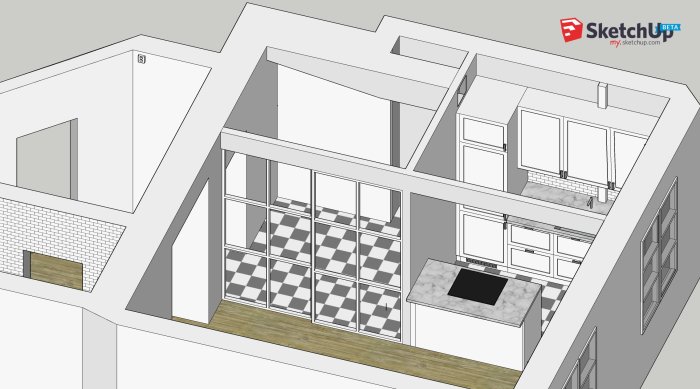 3D-modell av en planlösning för en lägenhet som visar köket och angränsande rum före och efter ombyggnad.