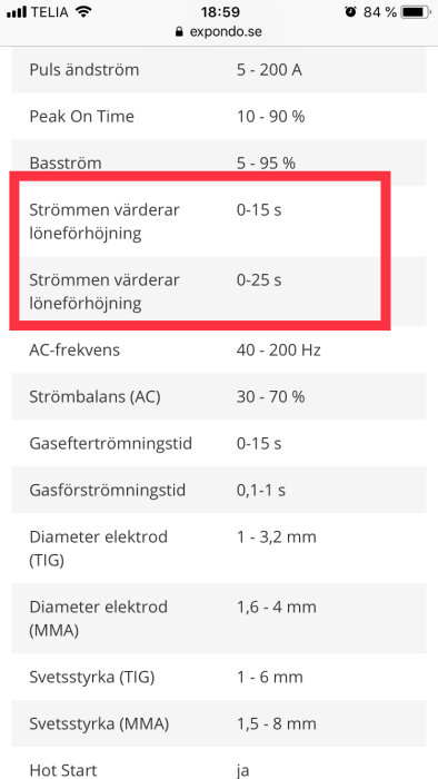 Skärmdump av svetsmaskins tekniska specifikationer med ett felaktigt värde som skämtsamt nämner löneförhöjning.